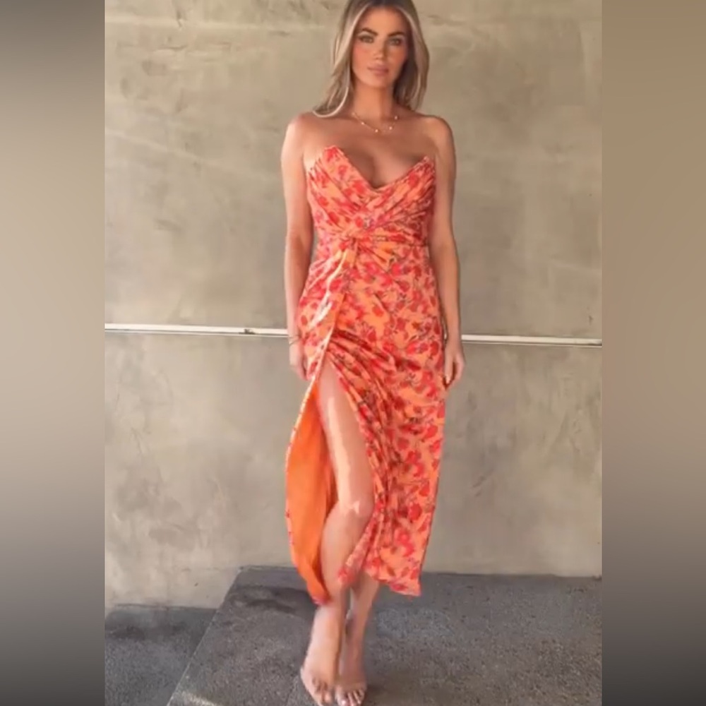 Floral Orange Strapless Dress
